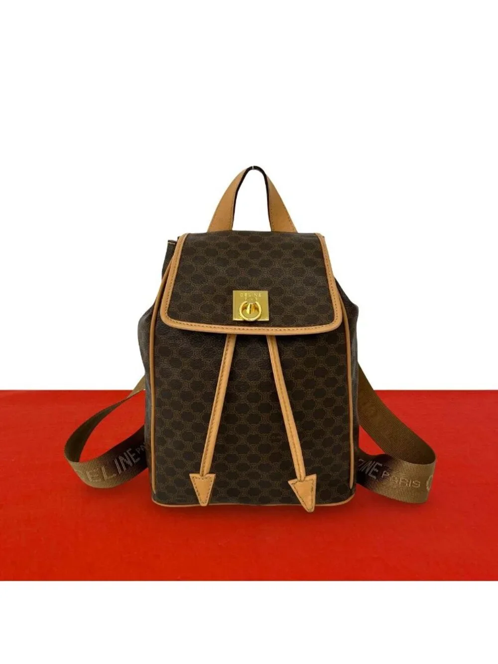 Celine Vintage Macadam Pattern Logo Ring Leather Backpack Brown